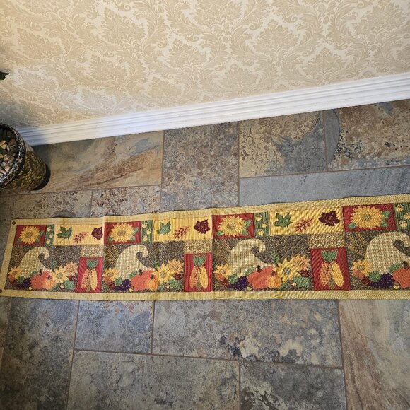 Happy Harvest Tapestry Style Table Runner Leaves Sunflowers Corn Pumpkins - Picture 1 of 8